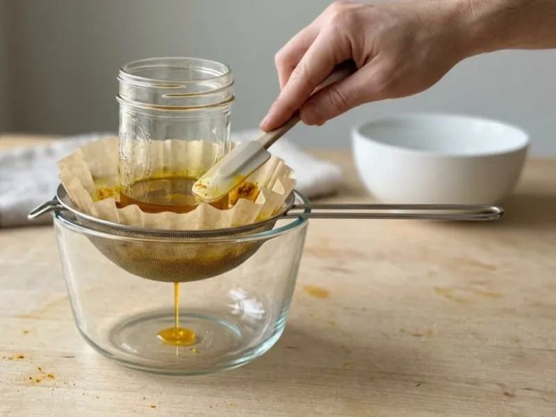 Golden infused oil strains through a paper filter and mesh sieve into a clear glass bowl.