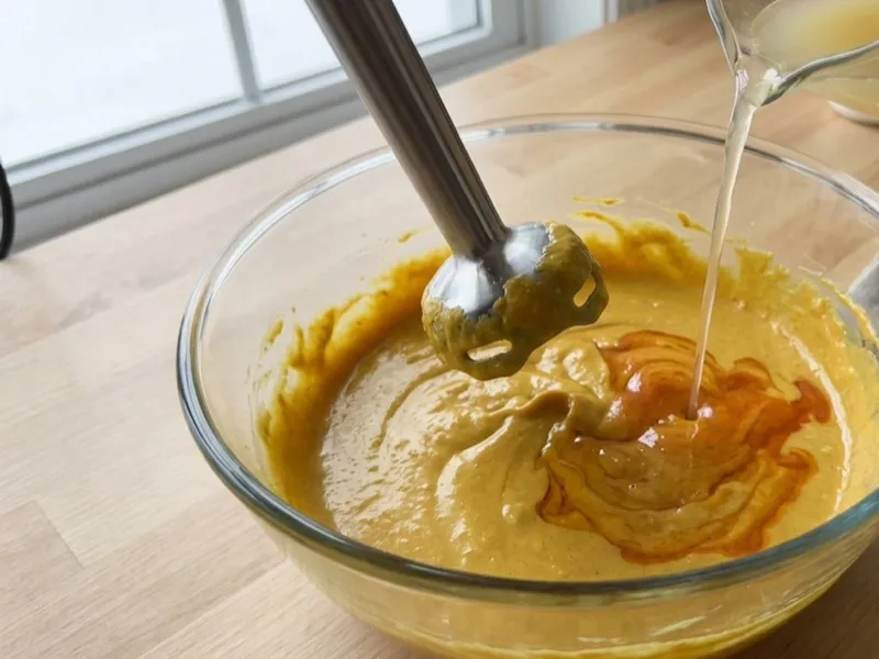 Liquid is poured into a glass bowl of thick yellow soap batter containing an immersion blender.