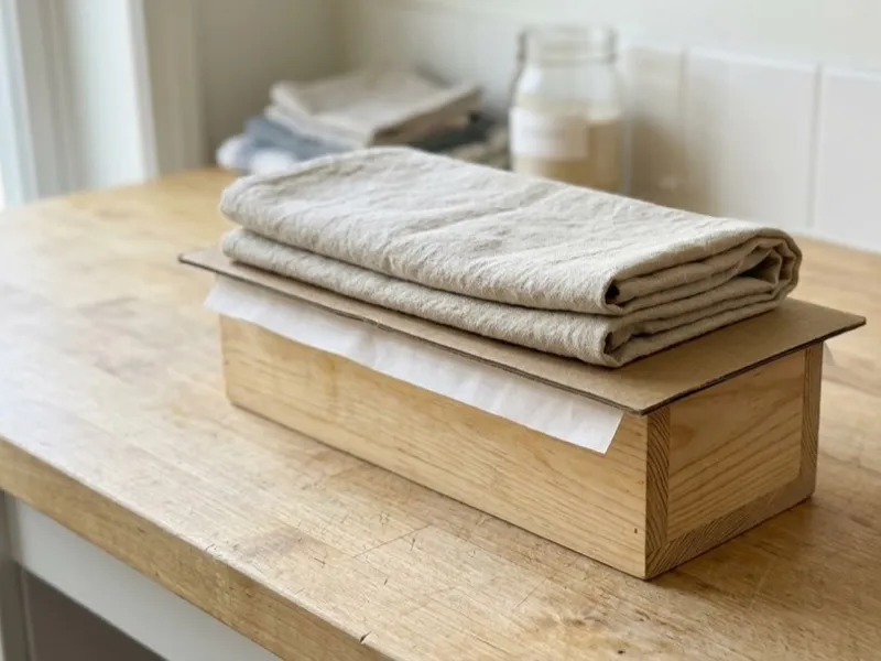 A wooden soap mold covered with cardboard and a folded towel on a wooden countertop.