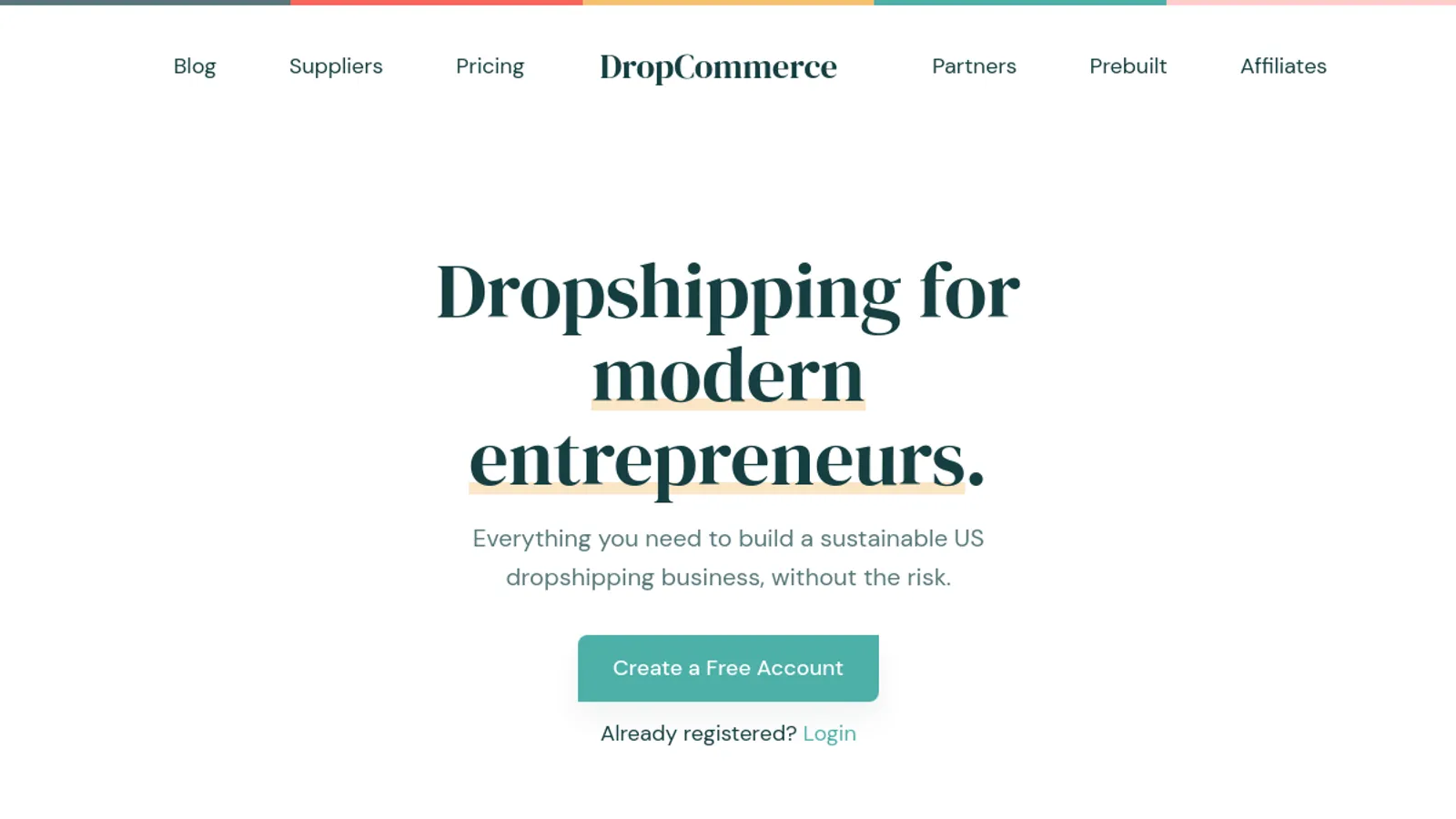 Screenshot of the DropCommerce homepage