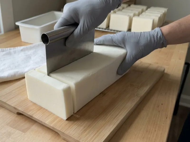 Gloved hands slice a white soap loaf with a metal cutter on a wooden cutting board.