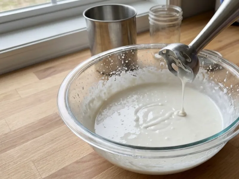White soap batter drips from an immersion blender into a glass bowl to demonstrate light trace.