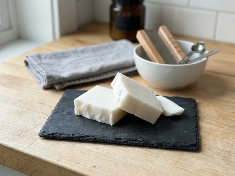 Bars of white handmade soap rest on a slate board beside soap-making tools on a wooden countertop.