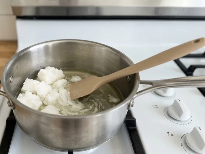 Solid white oils melting in a stainless steel saucepan with a spatula on a stovetop.
