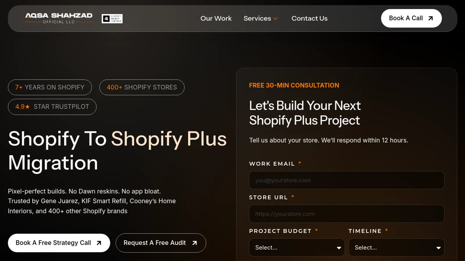 Screenshot of the Aqsa Shahzad Official LLC — Shοpify Plus, Hydrogen, Custom Apps & ERP Integrations | USA homepage
