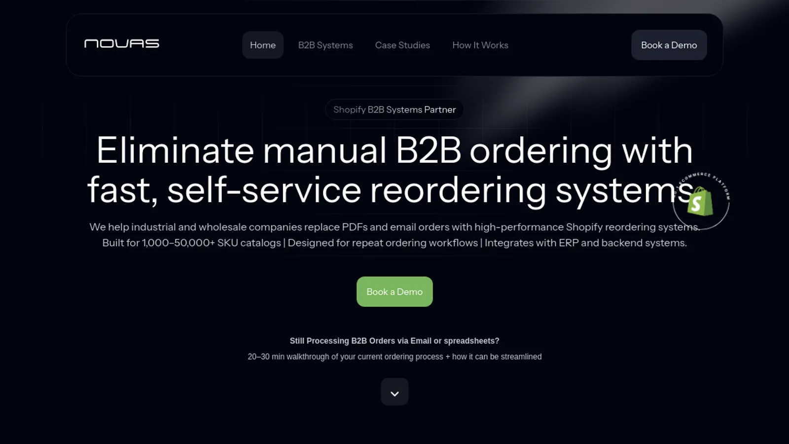 Screenshot of the NOVAS Commerce homepage