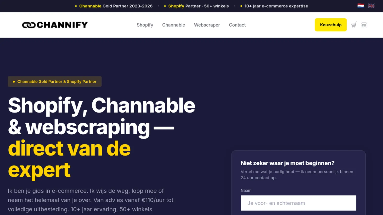 Screenshot of the Channify BV homepage
