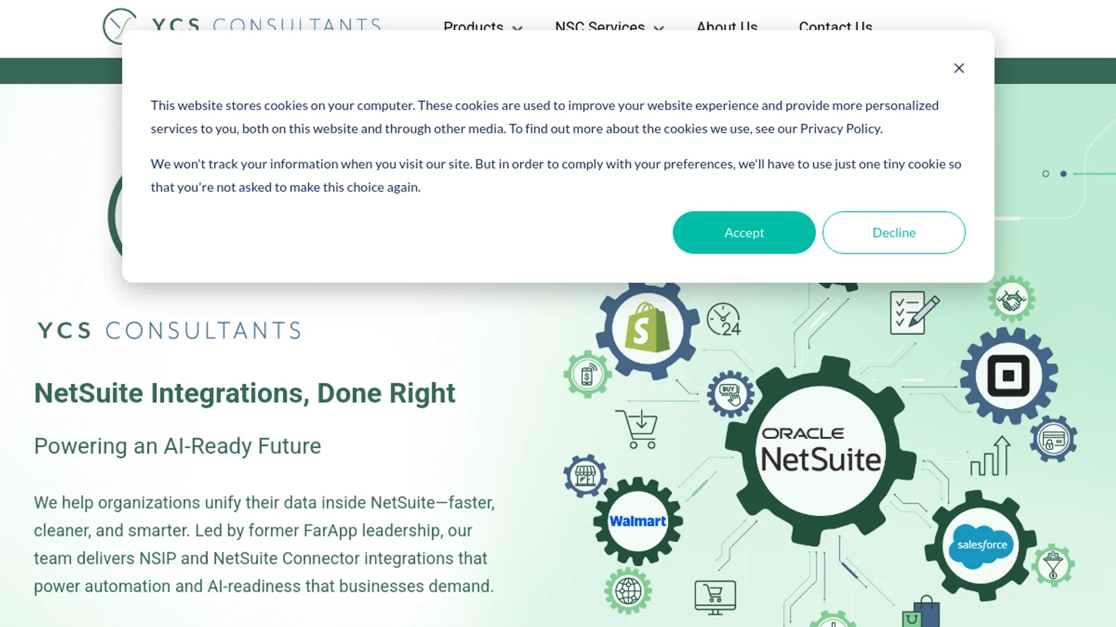 Screenshot of the YCS Consultants | NetSuite Connector Integration homepage