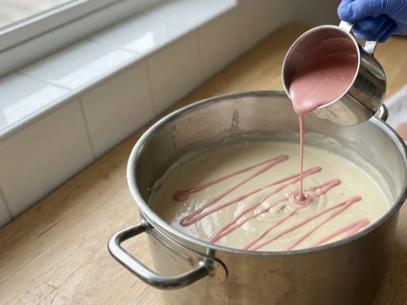 A gloved hand pours pink soap batter into a large pot of cream-colored soap batter.