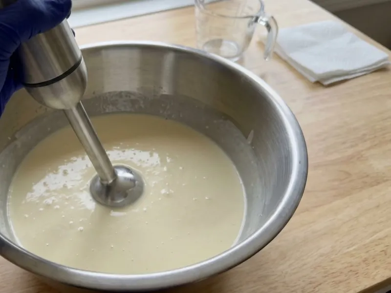 A gloved hand uses an immersion blender to mix creamy soap batter in a stainless steel bowl.