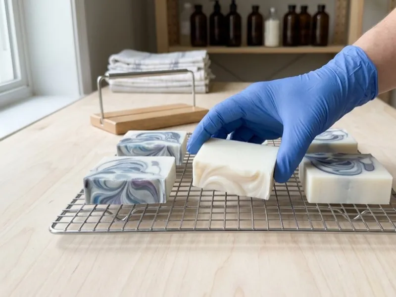 A gloved hand arranges handmade soap bars with marbled swirls on a wire cooling rack.