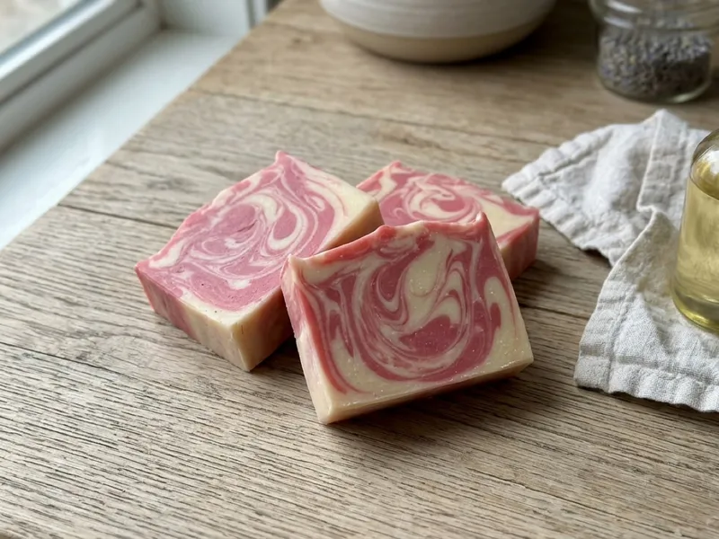 Handmade pink and white swirled soap bars rest on a wooden table next to an oil bottle.