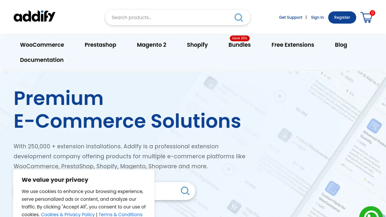 Screenshot of the Addify homepage