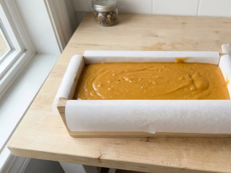 Freshly poured amber soap batter fills a parchment-lined wooden loaf mold on a wooden countertop.