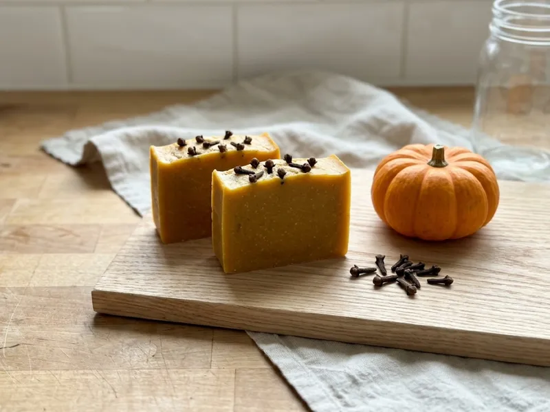 Handmade yellow soap bars topped with cloves sit beside a small pumpkin on a wooden cutting board.