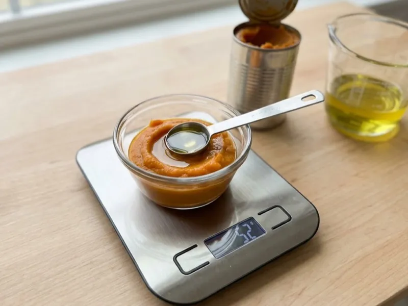 Pumpkin puree in a glass bowl with a measuring spoon of oil sits on a digital scale.