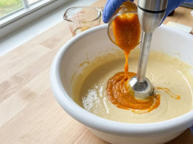 Gloved hands pour orange puree into a bowl of soap batter with an immersion blender.