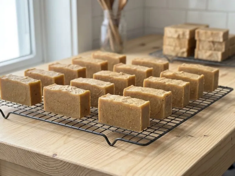 Bars of handmade natural soap curing on a black wire rack atop a light wooden table.