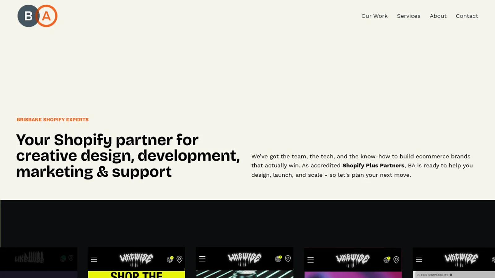 Screenshot of the BA Creative - Brisbane homepage