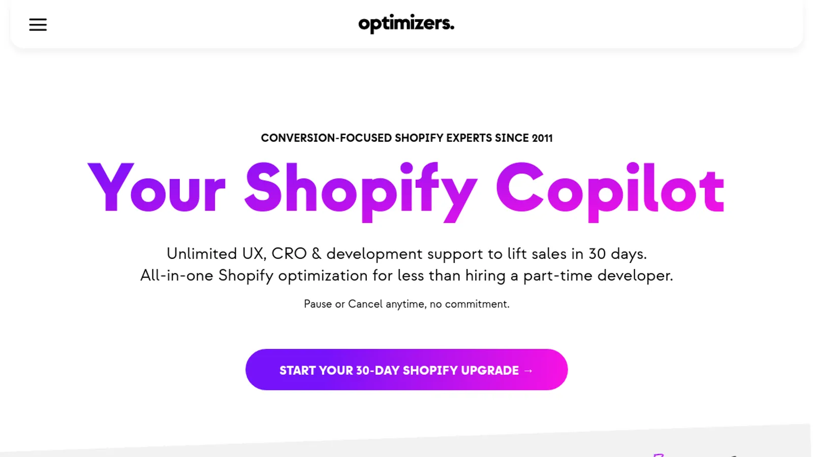 Screenshot of the Optimizers homepage