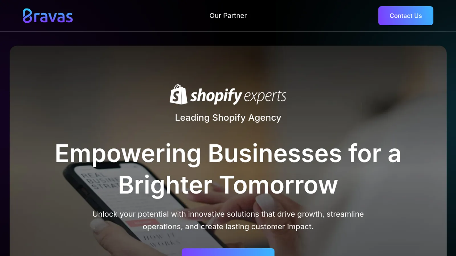 Screenshot of the Bravas homepage
