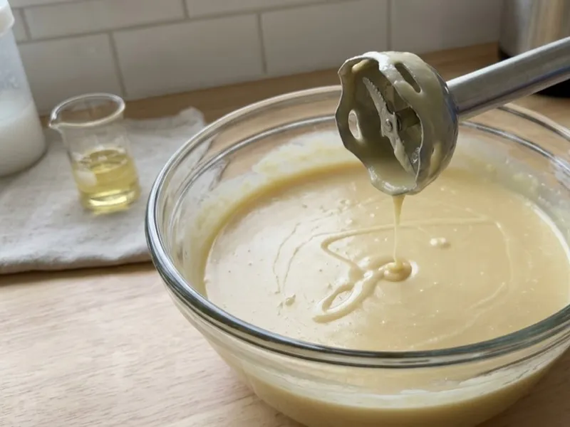 A gloved hand lifts an immersion blender dripping creamy soap batter into a glass bowl.