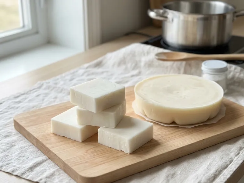 White handmade soap bars and a round solid block rest on a wooden cutting board.