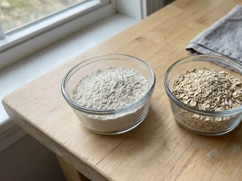 Two glass bowls containing fine colloidal oatmeal and whole rolled oats on a wooden surface.