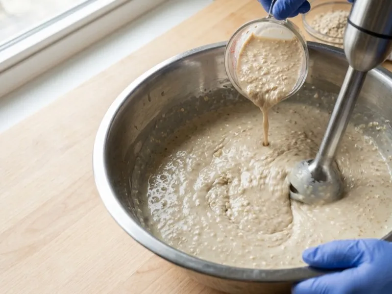 Gloved hands pour an oatmeal mixture into soap batter while mixing it with an immersion blender.