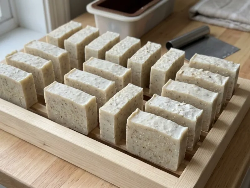 Freshly cut bars of handmade oatmeal soap curing on a wooden slatted drying rack.