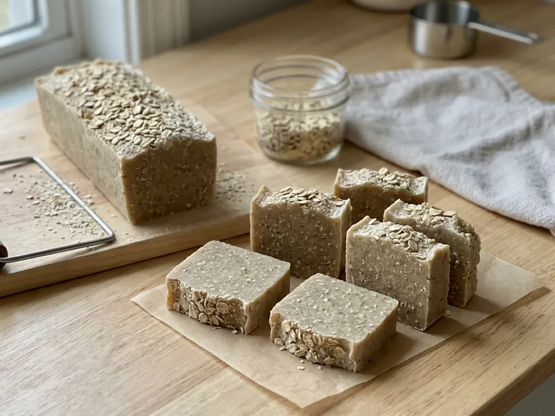 Bars and a loaf of handmade oatmeal soap sit on a wooden surface beside a wire cutter.