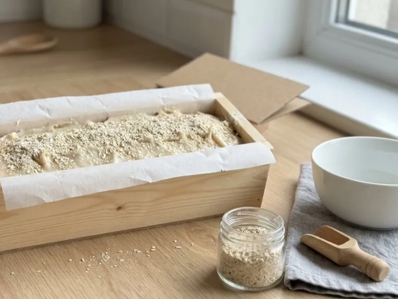 A gloved hand holds a wooden loaf mold filled with fresh handmade soap topped with oats.