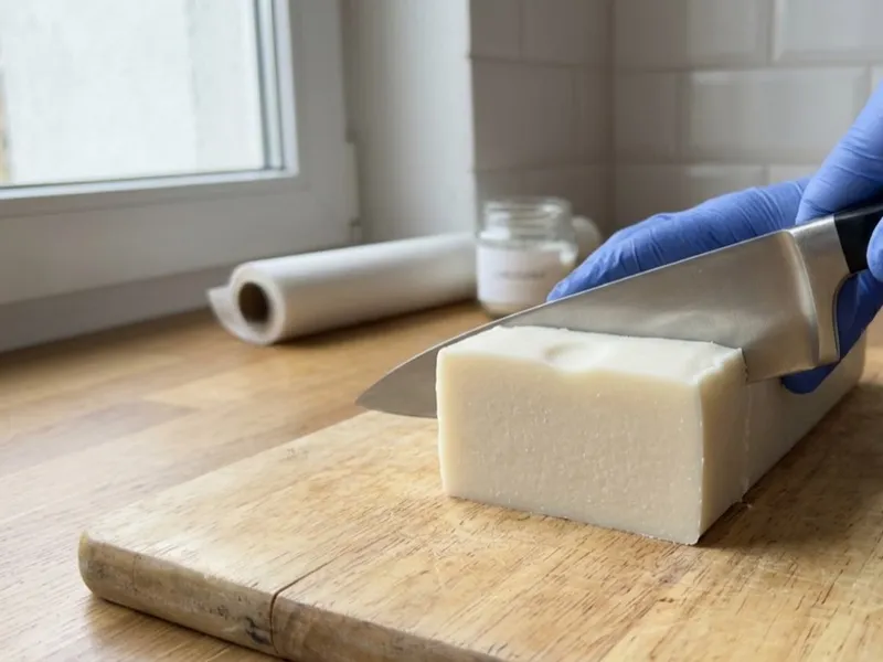 A gloved hand slices a block of white handmade soap on a wooden cutting board.
