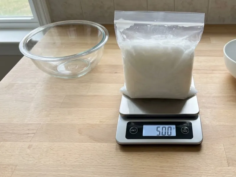 A plastic bag containing white soap-making ingredients rests on a digital scale displaying 500 grams.