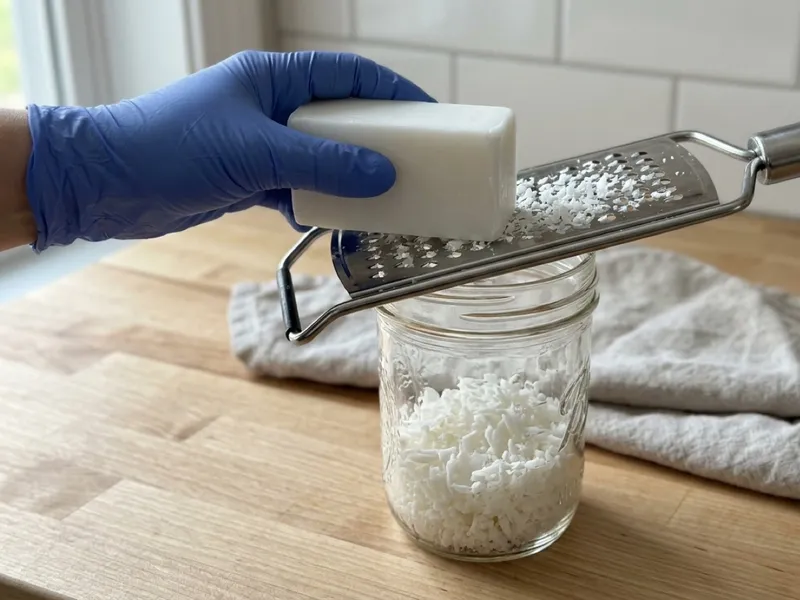 A gloved hand grates a white bar of soap into a glass jar using a metal grater.