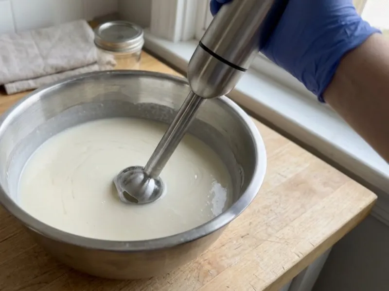 A gloved hand mixes creamy white soap batter in a stainless steel bowl using an immersion blender.
