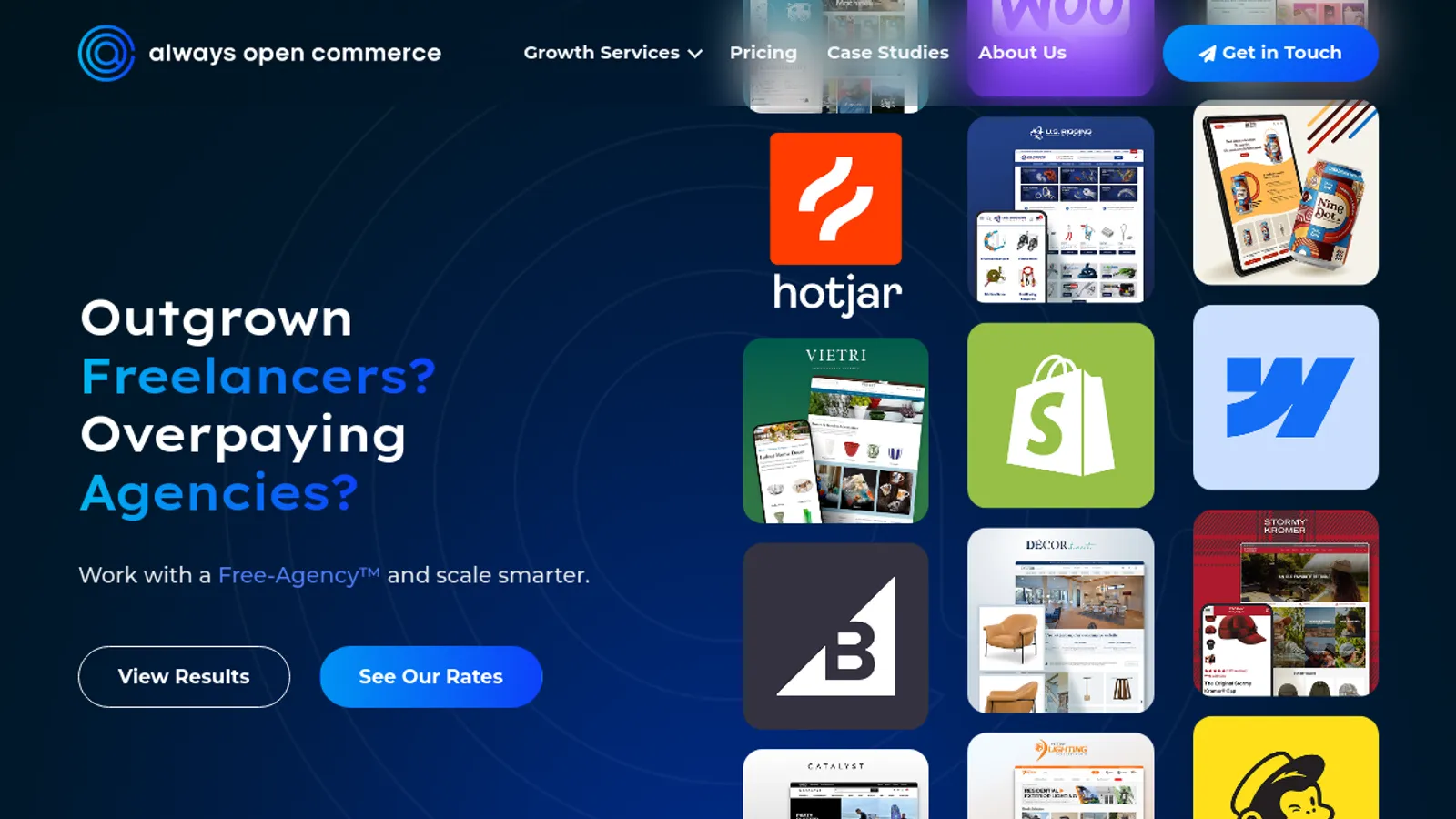 Screenshot of the Always Open Commerce homepage