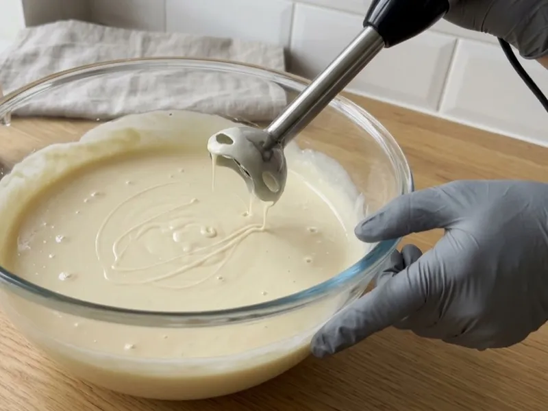 A gloved hand lifts an immersion blender from a glass bowl of creamy soap batter at trace.