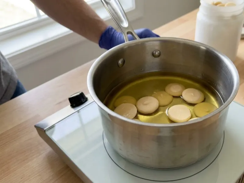 Soap-making butter wafers melt in liquid oil inside a stainless steel pot on a hot plate.