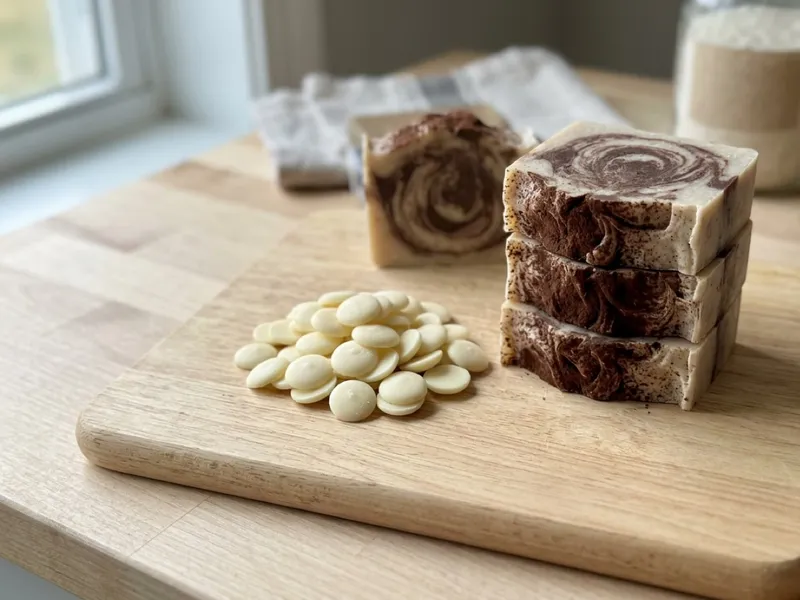 Stacked brown and cream swirled soap bars beside cocoa butter wafers on a wooden cutting board.
