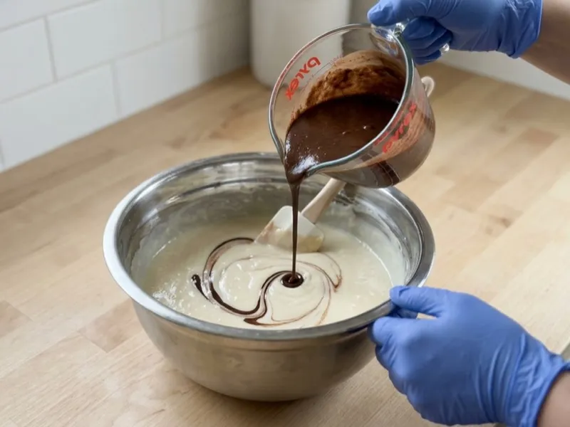 Gloved hands pour dark brown soap batter from a measuring cup into a bowl of light batter.