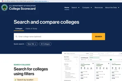 Screenshot of the College Scorecard homepage