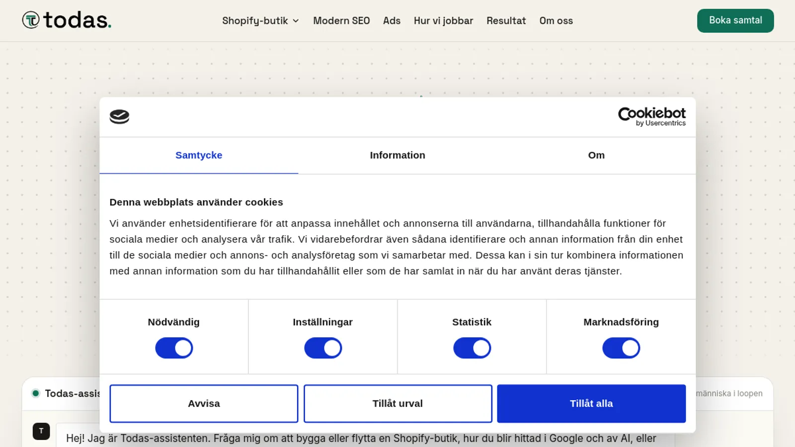 Screenshot of the Todas AB homepage
