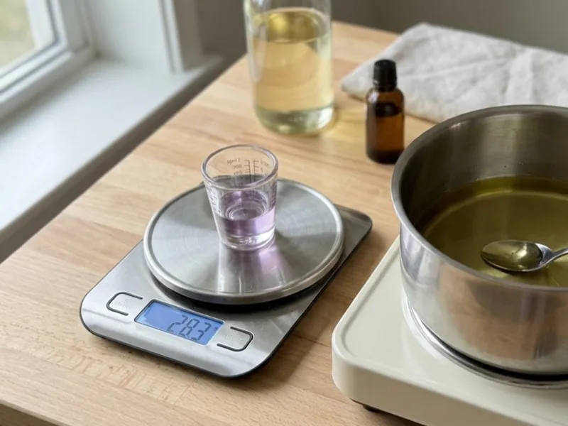 A small measuring cup on a digital scale sits beside a pot of melted soap oils.