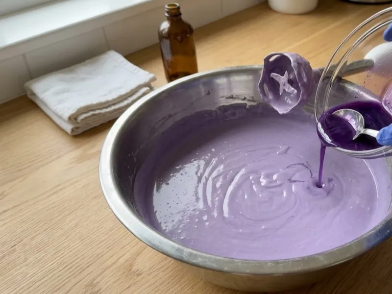 Gloved hands pour dark purple liquid into a large bowl of light purple soap batter.
