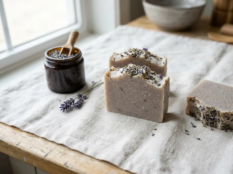 Handmade lavender soap bars rest on a linen cloth beside a jar of dried lavender buds.