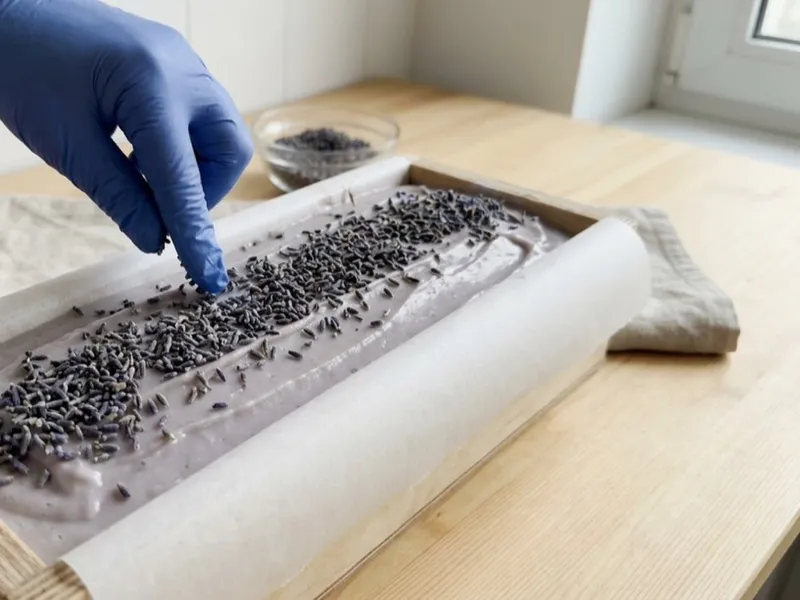 A gloved hand sprinkles dried lavender buds onto fresh purple soap in a wooden mold.