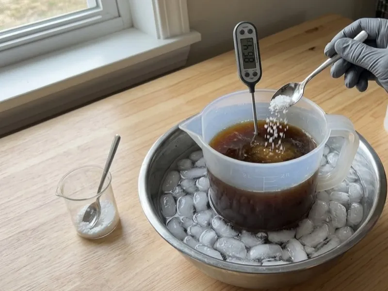 A gloved hand spoons white crystals into a pitcher of dark liquid resting in an ice bath.