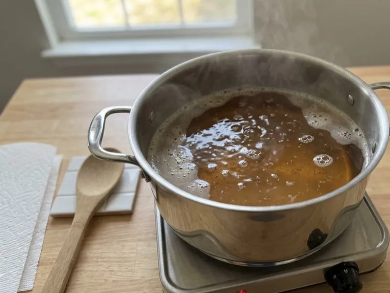 Steaming amber liquid simmers inside a stainless steel pot on an electric burner.