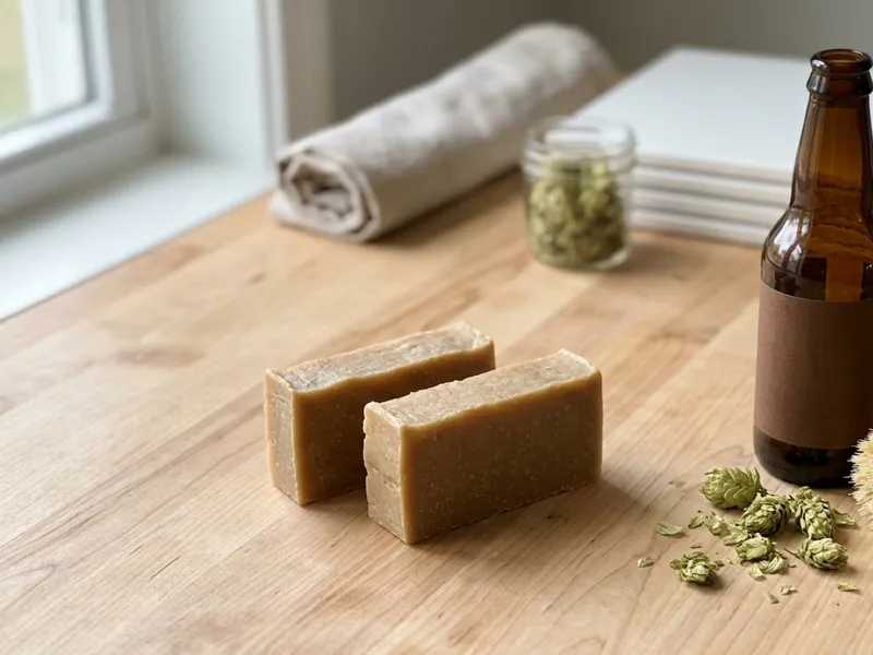 Two bars of handmade soap on a wooden table beside dried hops and an amber bottle.